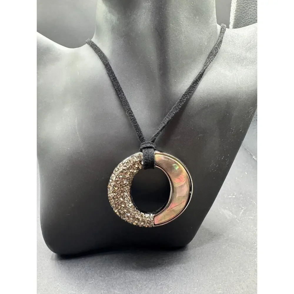 Lia Sophia Kiam Family Abalone Shell & Crystal Rhinestone Black Cord Necklace